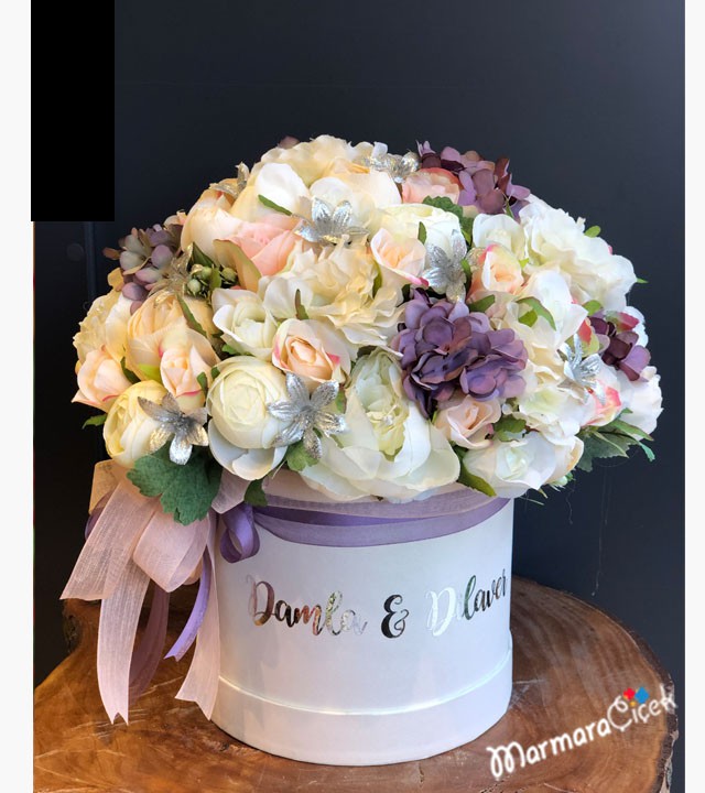Artificial  Flowers in Box With Name Written