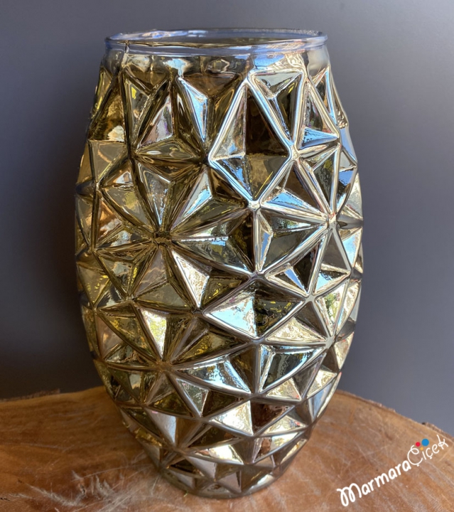 Gümüş Renk Geometrik Desen Cam Vazo