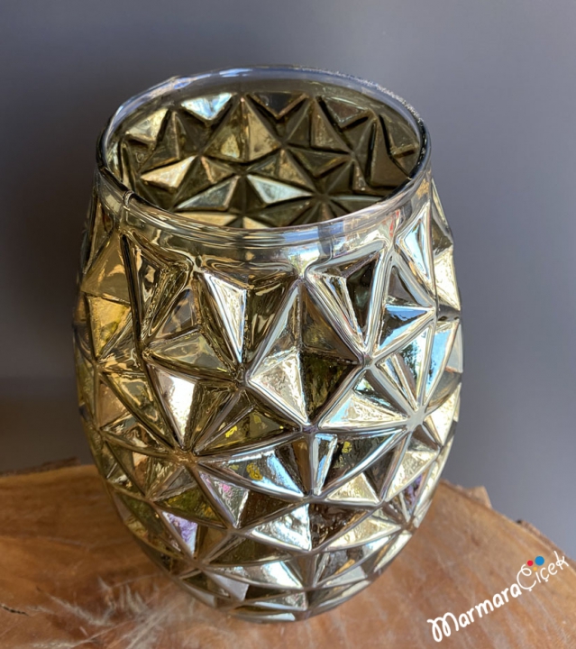 Gümüş Renk Geometrik Desen Cam Vazo