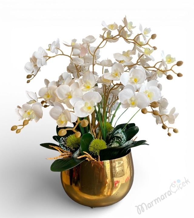 Gold Saksıda Yapay Beyaz Orkide Aranjmanı