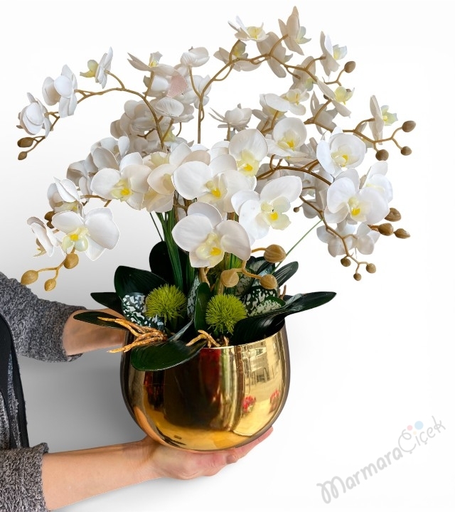 Gold Saksıda Yapay Beyaz Orkide Aranjmanı