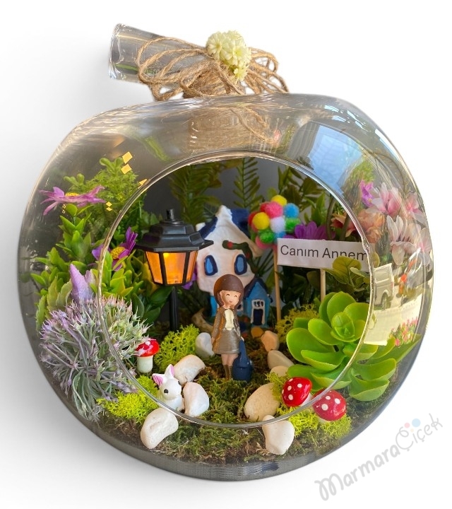 Canım Annem Işıklı Teraryum Yapay Çiçek Aranjmanı