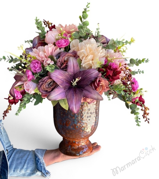 Mor Lilyumlu Yapay Çiçek Aranjmanı