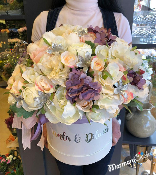 Artificial  Flowers in Box With Name Written