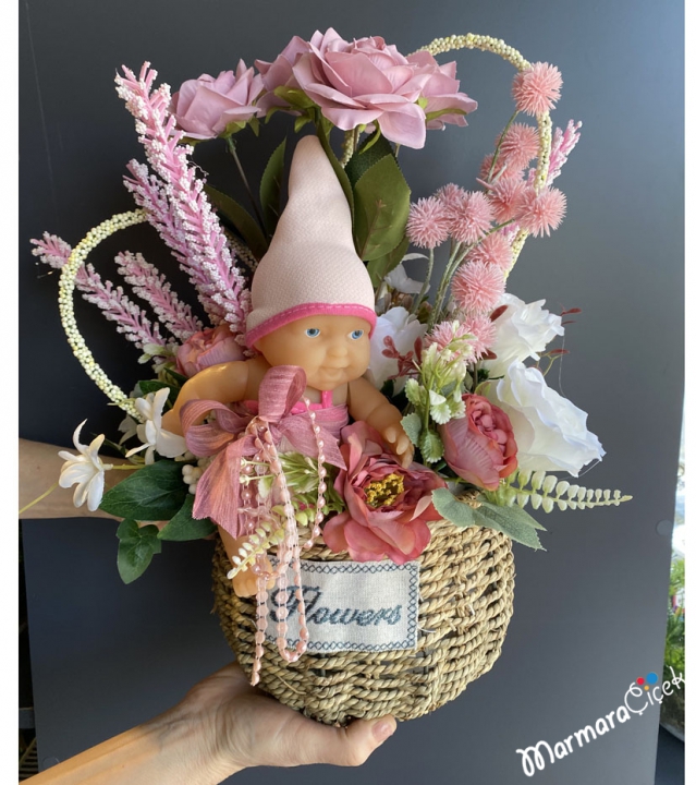 Baby Girl Greenting Flower in a Basket