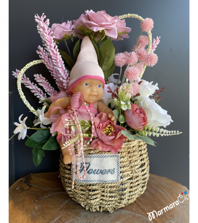 Baby Girl Greenting Flower in a Basket