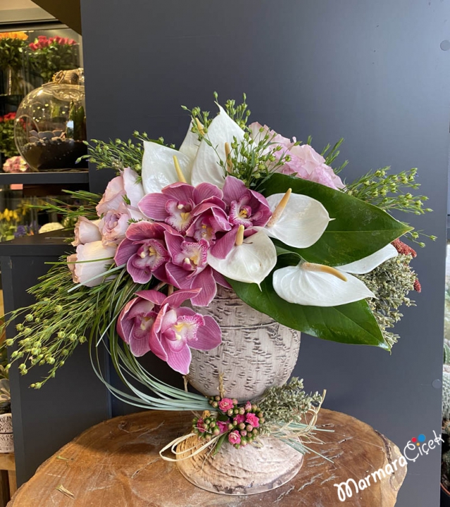 Greeting Arrangement with Orchid