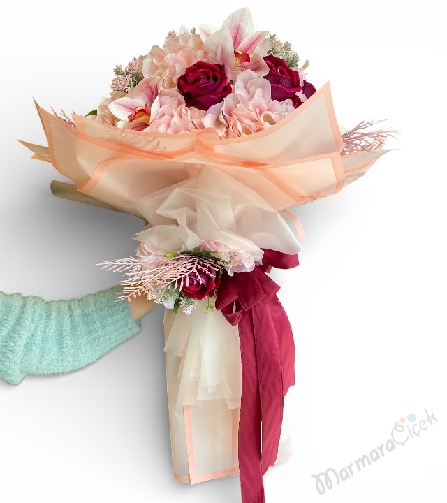 Pudra & Bordo Zarafeti Yapay Buket 