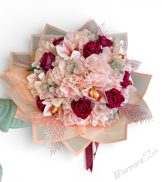 Pudra & Bordo Zarafeti Yapay Buket 