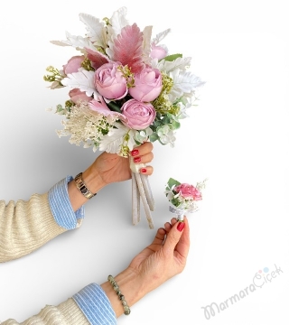 Pudra Pembe Yapay Gelin Buketi