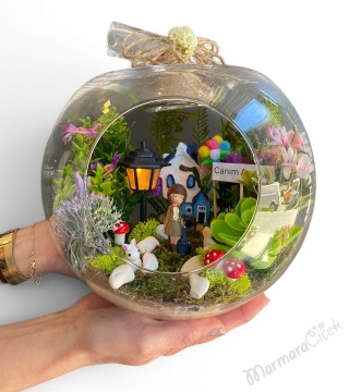 Canım Annem Işıklı Teraryum Yapay Çiçek Aranjmanı