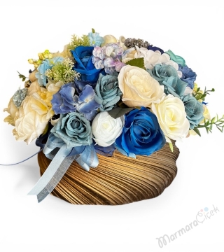 Mavi & Krem Dekoratif Yapay Çiçek Aranjmanı