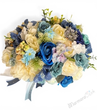 Mavi & Krem Dekoratif Yapay Çiçek Aranjmanı