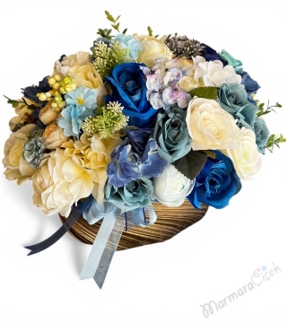 Mavi & Krem Dekoratif Yapay Çiçek Aranjmanı