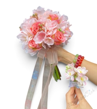 Pembe Gül ve Hortensiyalı Yapay Gelin Buketi ve Yaka Çiçeği Seti