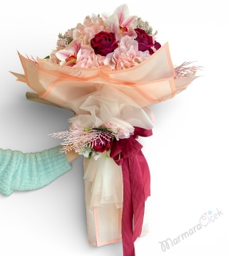 Pudra & Bordo Zarafeti Yapay Buket 