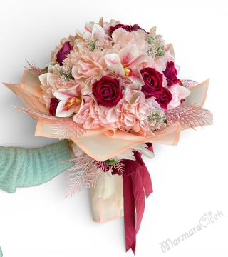 Pudra & Bordo Zarafeti Yapay Buket 