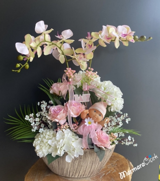 Yapay Orkideli Bebek Tebrik Çiçeği
